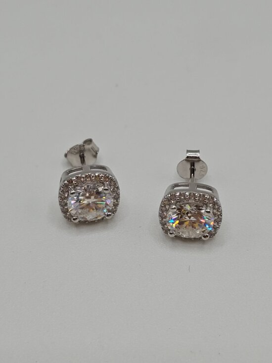Princess 2ct Sapphire Halo Platinum plated Silver Stud  Sterling Silver 925 Rhodium Plated Moissanite Cushion Halo 9.5mm Stud Earrings